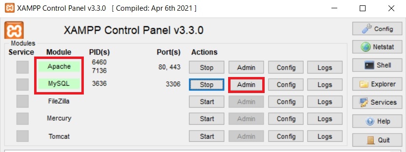 XAMPP コントールパネルを起動し、 Apache および MariaDB を起動します。

MySQL の行にある Admin をクリック